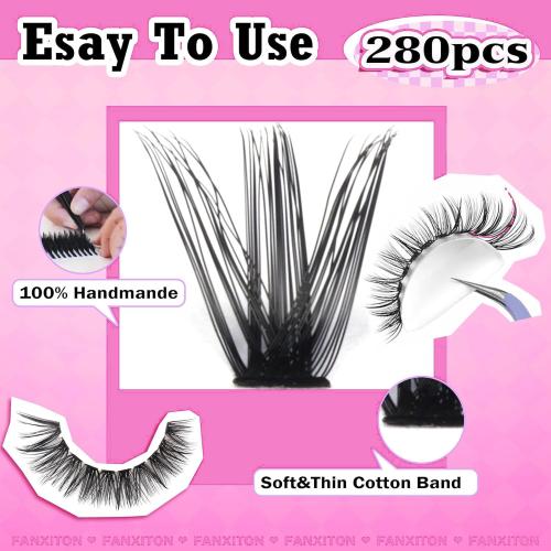 FANXITON DIY Lash Extension Kit Volume Lash Clusters 40D 50D D Curvature Individual Lashes Lash Clusters Kit Thick Eyelash Extension Kit 280 pcs Thin Band Cluster Lashes Lash Bond and Seal Tweezers