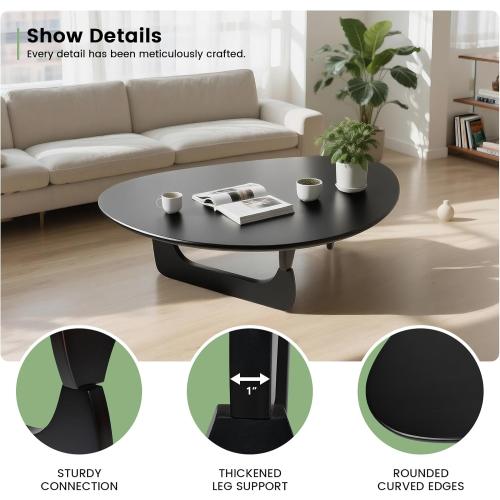 Solid Wooden Modern Triangle Coffee Table: Unique Funky Coffee Tables for Living Room, Oval Mid-Century Irregular Abstract Tea Tables for Patio Office Balcony Bedroom (Black, 43 L x 31 W x 16 H)