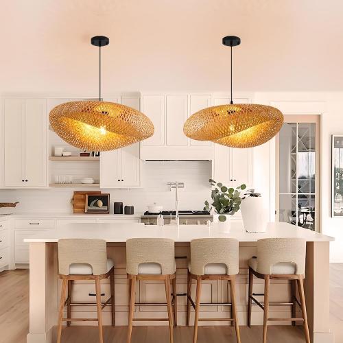 Hand Woven Bamboo Pendant Light,23.62 in Bamboo Rattan Ceiling Hanging Light Hand Woven Wicker Chandelier for Living Room Kitchen Dining Room Farmhouse