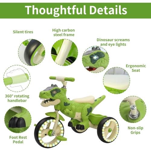 Dinosaur Kids Tricycle for Rider- Toddlers Kid Trike Bike Big Wheel with Music, Storage Basket,Light Wheel, Indoor/Outdoor Preschool Daycare Kids Bike,Best Gift for 3-7 Year Old Girls & Boys (Green)
