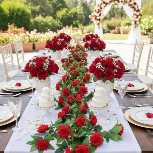 Suncalla 30 Pack 246ft Rose Garland Artificial Rose Flowers Vine with Green Leaves Hanging Fake Floral Garland Vine for Wedding Birthday Wall Garden Table Centerpiece Room Arch Decor(Red Color)