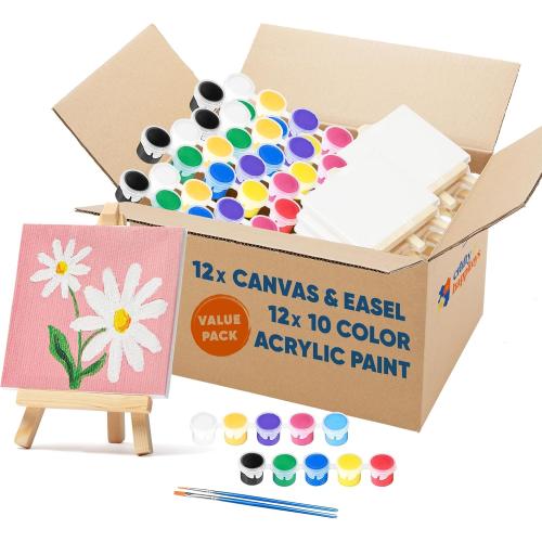 Mini Canvas and Easel Set with 10 Colors Acrylic Paint in Bulk Set of 12 - Kids Art Party Favors & Party Supplies - 4x4 Small Canvases for Painting with Mini Easel - Paint for Kids