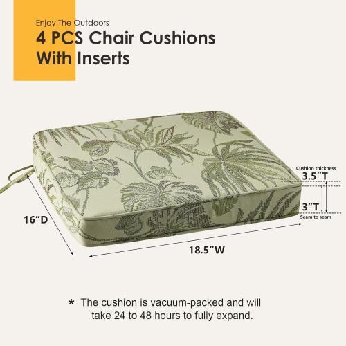 Size 18.5 x 16x 3 Color Green Outdoor Square Corner Seat Cushion, 18.5x16x3, Set of 4, Non Slip Seat Cushion Pads with Removable Cover for Patio Furniture, Garden Yard Lawn, Dark Green Vine