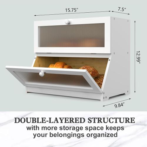 LOHASOK Bread Box for Kitchen Countertop,White | 2-layer, Bamboo, Large, Farmhouse Bread Container Holder Storage, Acrylic translucent window