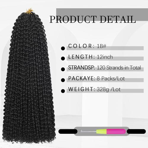 Passion Twist Hair 12 Inch 8 Packs Water Wave Crochet Hair Bohemian Braiding Hair Pre Looped Crochet Braids Hair Extensions for Black Women （1B Black#）