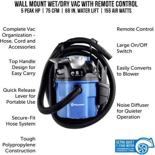 Vacmaster VWM510 5-Gallon 5 Peak HP Remote Control Wall Mount Wet/Dry Shop Vacuum , Blue