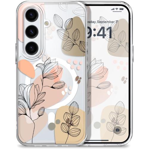 for Samsung Galaxy S25 Magnetic Case, Compatible with MagSafe Clear Anti Shock Fashion Design for Samsung S25 Phone Cover 6.2 inch， Line Flowers