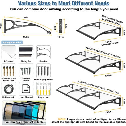 Awning for Door Entrance, Window Awnings Exterior with Aluminum Bracket Polycarbonate Board, Patio Balcony Porch, UV Rain Snow Protection Brown 60x130cm/24x51in