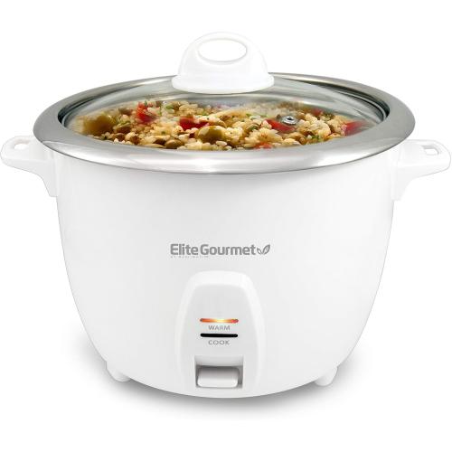 Elite Gourmet ERC-2010 Electric Rice Cooker with Stainless Steel Inner Pot Makes Soups, Stews, Grains, Cereals, Keep Warm Feature, 10 Cups Cooked, White