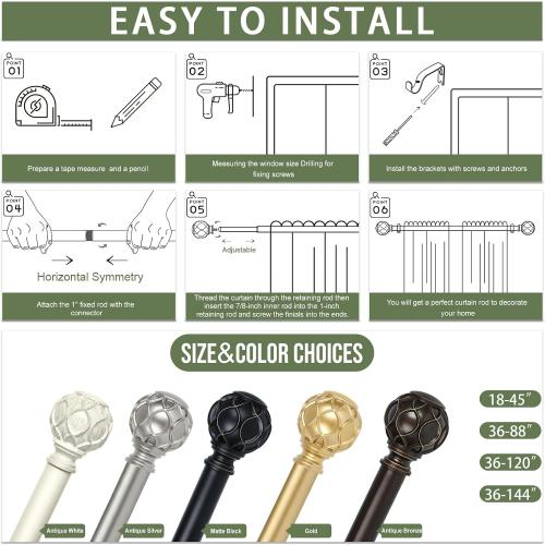 Silver Curtain Rods for Windows:Farmhouse Boho Decorative Curtain Rod for Bedroom Living Room,Heavy Duty Adjustable Rustic Drapery Pole Set with Vintage Coastal Finials,Antique Silver 36-88
