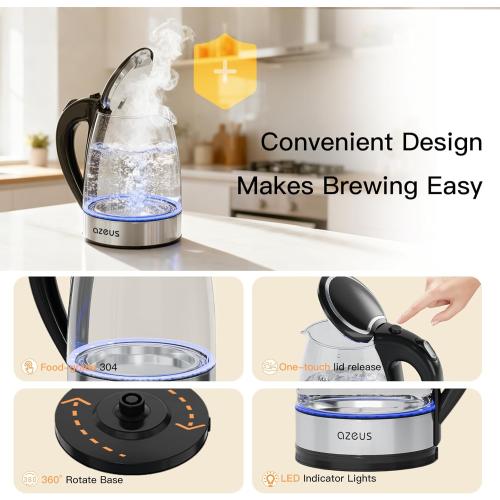 Azeus 1.8L Electric Kettle CX-817 - Fast Boil, Auto Shut-Off, Boil-Dry Protection, 360° Swivel Base - Stainless Steel Water Boiler for Tea, Coffee, and Hot Water