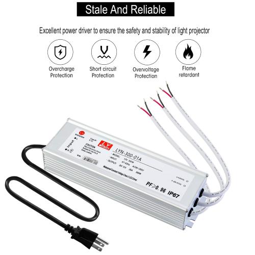LED Driver 100 Watts (100W X3) 25A Waterproof IP67 Power Transformer Adapter 90-265V AC to 12V DC Low Voltage Output, With 3-Pin Plug 3.3 Ft Cable for Lighting Outdoor Light and Any 12V DC