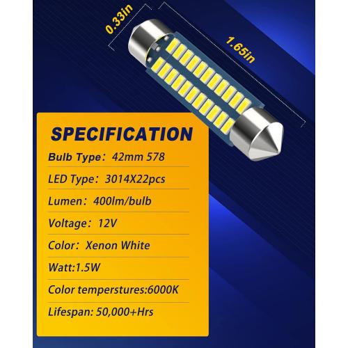 Serundo Auto 578 Led Bulb 211-2 41mm 42mm 1.65in for Car Map Light Dome Light, 6000k White Super Bright Interior Led Festoon Bulb,Pack of 4pcs