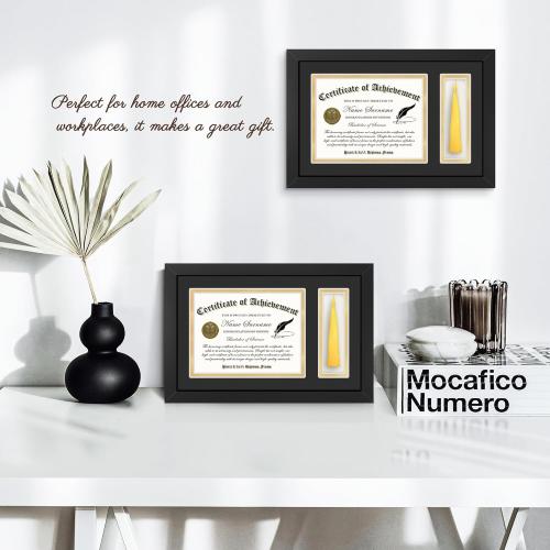 Picrit 11x17 Wood Diploma Frame with Tassel Holder for 8.5x11 Certificate/Degree Document with Tempered Glass, Black over Gold Mat