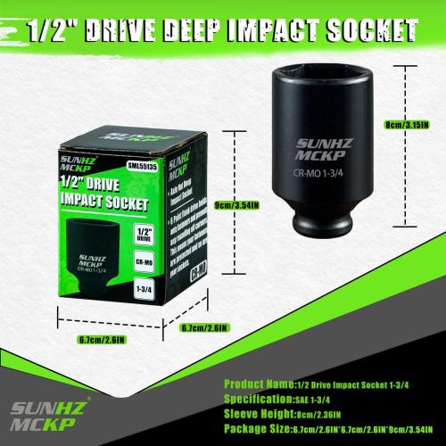 SUNHZMCKP 1/2 Inch Drive Impact Socket, SAE 1-3/4 In Deep Socket, CR-MO, 6 Point Axle Nut Socket for Easy Removal of Axle Shaft Nuts (1-3/4)