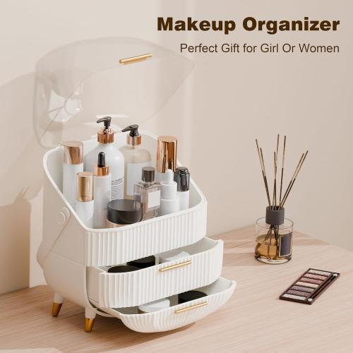 Makeup Organizers and Storage, Make up Organizer for Vanity Cosmetics Skincare Organizers With Lid and Drawers Display Cases for Countertop(White)