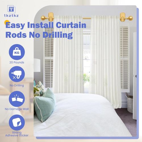 TKZTKZ Curtain Rods No Drilling with Adhesive Brackets,Adjust 36-88,Gold