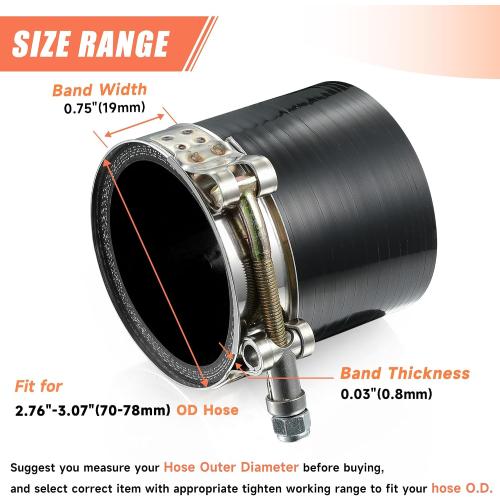 2 Pack 2.5 T-Bolt Hose Clamps, 304 Stainless Steel Turbo Intake Clamp, Working Range 2.76-3.07(70mm-78mm) for 2.5 I.D. Hose with 5mm Wall Thickness.(Measure your hose O.D. before buying)