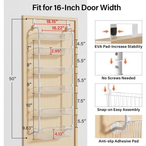 Delamu Large Over the Door Pantry Organizer, 6-Tier Metal Pantry Door Organization and Storage for Easy Install, Hanging Spice Rack Seasoning Shelves for Cabinet & Kitchen, D6.7xW17.5xH53.7 in, White
