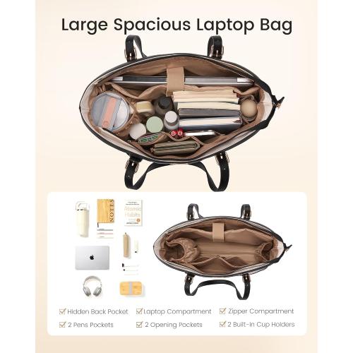 LOVEVOOK Work Tote Bag for Women 15.6 Inch Laptop Computer Bags with Cup Holder, Large Teacher Bag Briefcase for Business Office Travel Nude, Nylon&PU