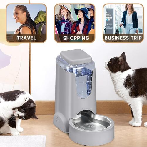 HWONMTE Portable Automatic Cat Feeder and Water Dispenser with Stainless Steel Bowl Dog Gravity Food Feeder and Waterer for Small Medium Pets Puppy Kitten 1 Gallon x 2 (Silver Gray)