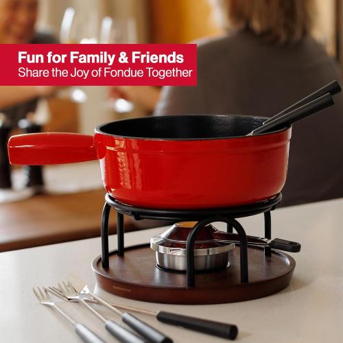 Swissmar Ticino Cast Iron Fondue Set with Enameled Interior, 2L / 2 QT – 9-Piece Cheese & Chocolate Fondue Pot with Forks, Burner & Beechwood Base – Perfect for Family Gatherings & Gift Giving – Red