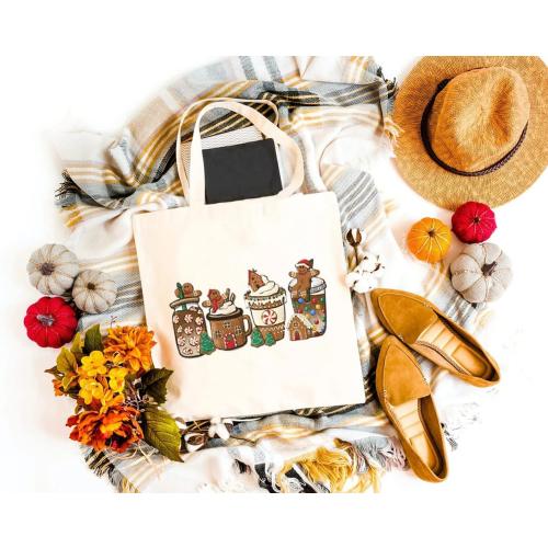 Gingerbread Christmas Coffee Canvas Tote Bag for Women Cute Latte Drink Reusable Grocery Shopping Bags Girls Gifts