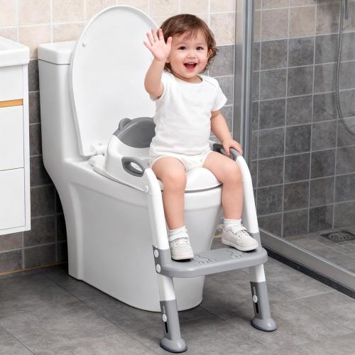 Potty Training Seat ，SKYROKU Potty Training Toilet with Step Stool Ladder, for Kids Boys Girls Toddlers - Comfortable Safe Potty Seat with Anti-Slip Pads Ladder （8838-Grey）