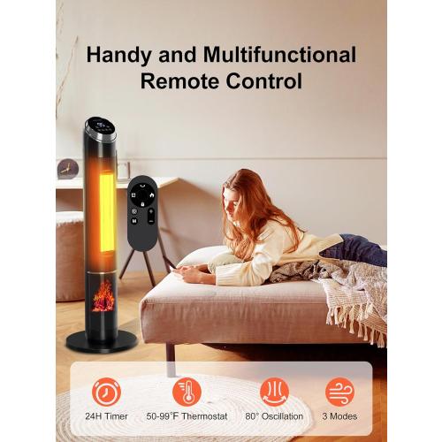 38 Electric Space Heater With Flame, 24H Timer, Remote, Thermostat, 3 Modes, Tip-Over and Overheat Protection for Indoor, Bedroom, Office, Large Room Use