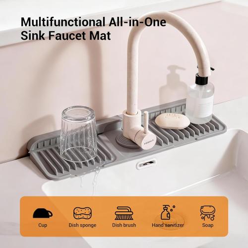 Faucet Mat for Kitchen Sink, 17.7X5.5 Silicone Sink Splash Guard with Soap Holder, Snap-On Design & 7°slope Fast Drain, Folding Sink Faucet Mat for Universal Kitchen Bathroom Sink（Grey）