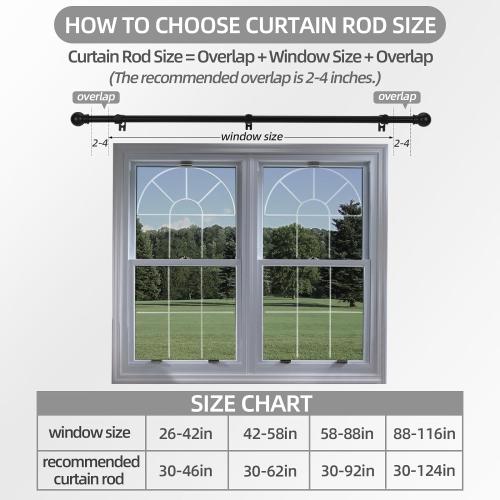Curtain Rods for Windows 31 or 46 Inch, 5/8 Diameter Black Curtain Rod Adjusts Length by Splicing, Suitable for Bedroom, Living Room,Kitchen,Farmhouse, Outdoor