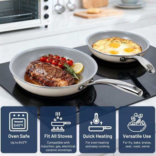 Kikcoin Non Stick Frying Pans, 3 Pack Ceramic Frying Pan for Cooking, 8 9.5 11 Inch Omelette Pans Set with Stay Cool Handle, Induction Ready, Free of PFAS PFOA PTFE, Oven/Dishwasher Safe