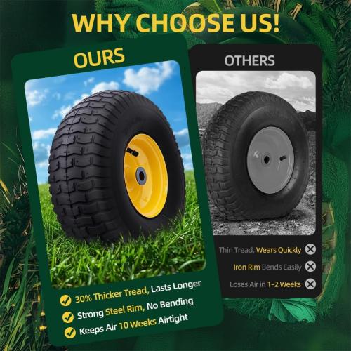 15x6.00-6nhs Lawn Mower Tires (2 Pack),Replacement Riding Lawn Mower Front Tires - With 3 Centered Hub and 3/4 Bushings,Extra 5/8 Bushings(Yellow)