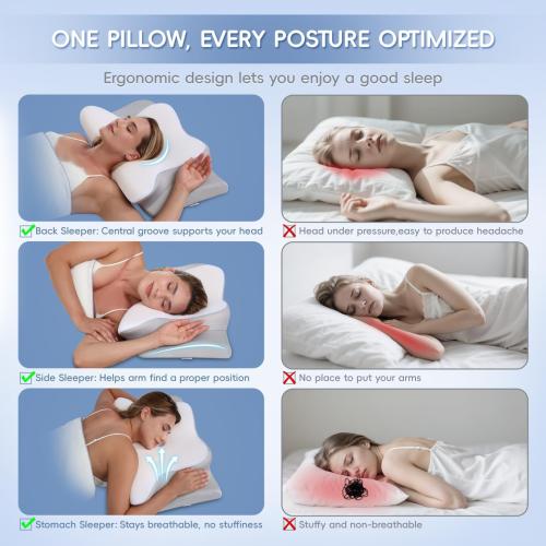 Cervical Neck Pillow, Memory Foam Pillows for Neck and Shoulder Pain Relief, 2 Heights Ergonomic Pillow with Breathable Ice Silk Cover, Neck Support Pillow for Stomach Sleepers White