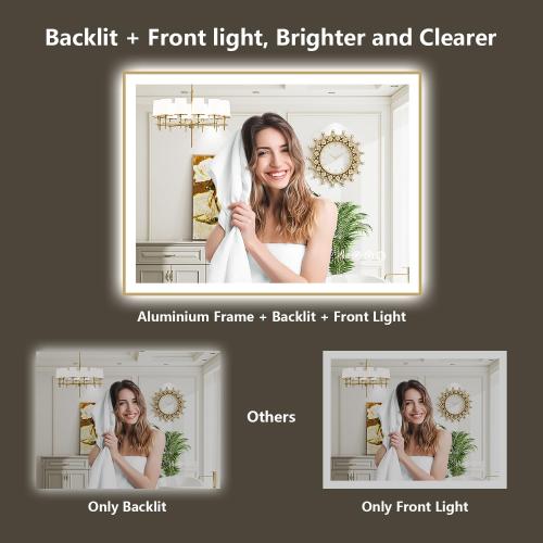 48x32 Inch LED Bathroom Mirror with Lights (Front Lit and Backlit) Gold Framed Lighted Vanity Mirror for Bathroom Wall Dimmable Anti-Fog Memory Tempered Glass Horizontal/Vertical