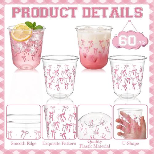 60 Pcs 12 oz Plastic Stemless Wine Glasses Party Disposable Clear Cups for Birthday Baby Shower(Pink Bow Style)