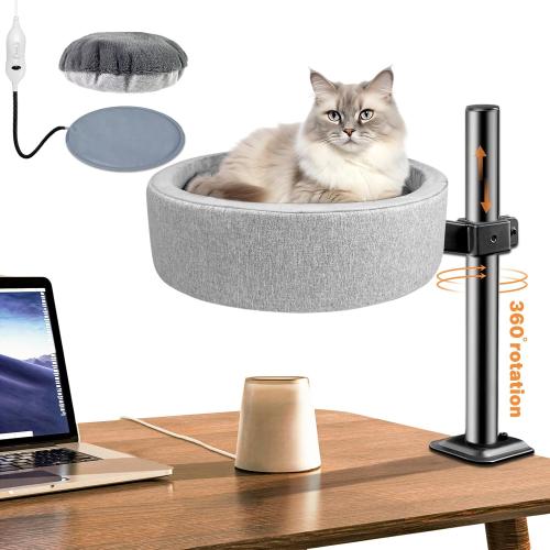 Desk Cat Bed with Soft and Thick Cushions, Four Seasons General Removable Heated Desk Nest Cat Bed, Supports up to 40lbs (Gray)