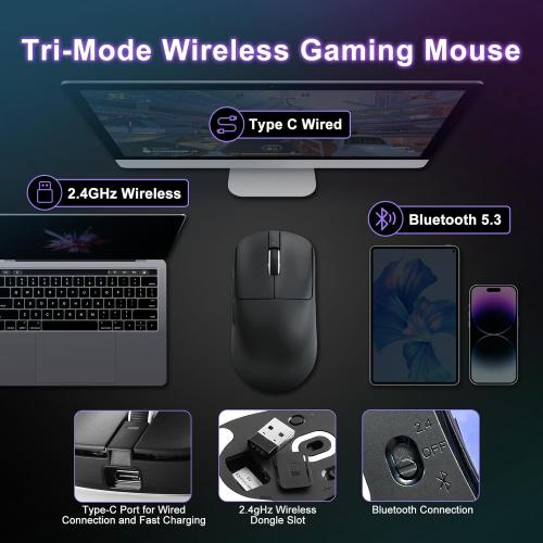 R1 SE  Gaming Mouse, 18000 DPI, High-Precision PAW3395 SE Sensor,55g Lightweight, Tri-Mode 2.4G/BT5.0/USB-C Wireless Mouse, Programmable Ergonomic Mouse Suitable for Laptops/PC/Mac (Black)
