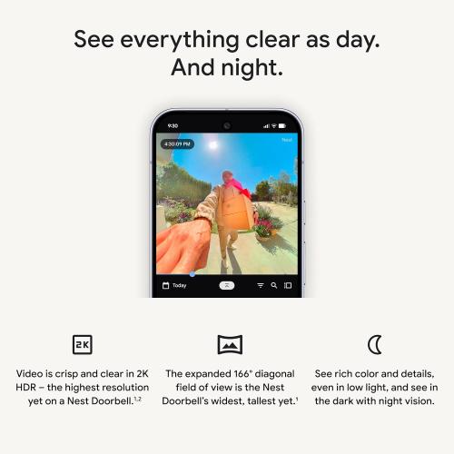 Google Nest Doorbell (Wired, 3rd Gen) - 2K Video and Gemini, Live View, Night Vision, 2-Way Audio - Works with Google Home - 2025 Model - Snow