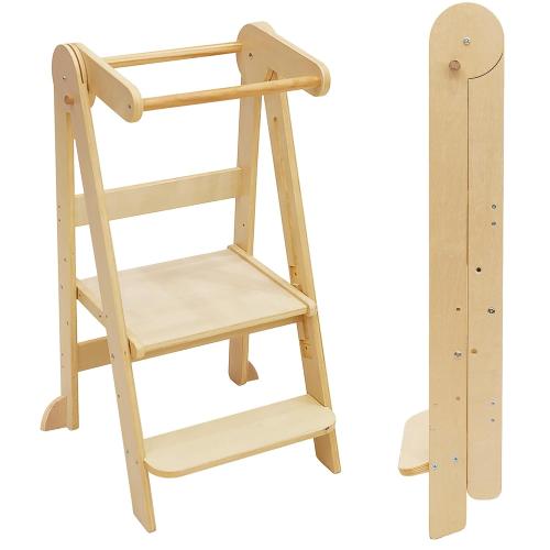 Foldable Toddler Tower Kitchen Step Stool, Folding Tower for Learning with 3 Adjustable Heights, Montessori Toddler Standing Tower Collapsible Step Stool for Kids 1.5-6y Natural