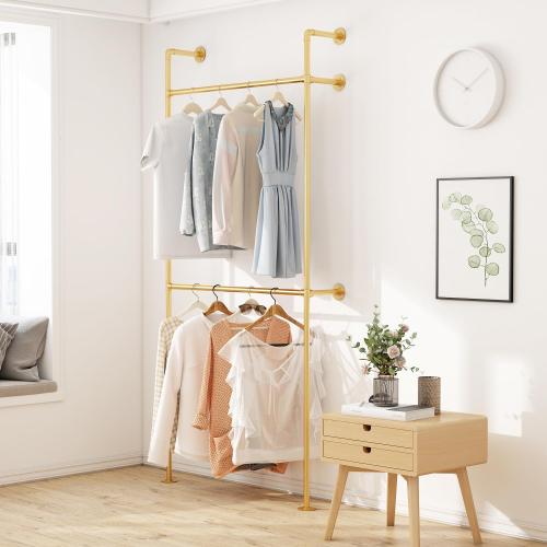 ORSENIGO Industrial Pipe Clothing Rack, Heavy Duty Metal Clothes Rack with Double Rods for Hanging Clothes, Wall Mount Space-Saving Garment Display Rack (Single, Gold)