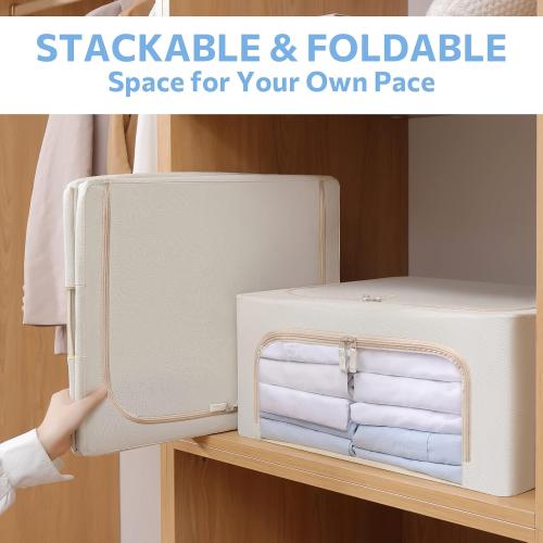 CYhom 3Pack Frame Storage Box - Clothes Storage Bin Bags Oxford Fabric Foldable Stackable Container Organizer Set with Clear Window & Carry Handles (Beige, Medium-44L)