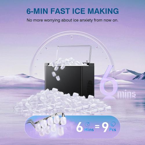 ORFLROA Ice Makers Countertop, 9 Ice Cubes in 6 Mins Portable Ice Maker, 2 Sizes of Bullet Ice (S/L) Small Ice Machine for Home Kitchen Camping (Inky)