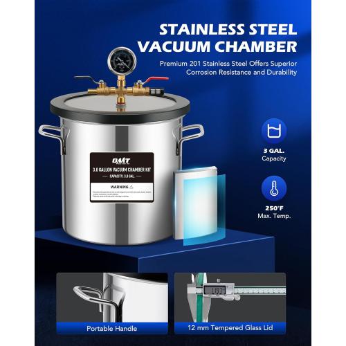 Orion Motor Tech 3 Gal Vacuum Chamber with Pump Kit, 3.5 cfm Vacuum Pump and Chamber Kit with Tempered Glass Lid 5 ft Hose, Vacuum Degassing Chamber Kit for Stabilizing Wood Degassing Silicone Resin