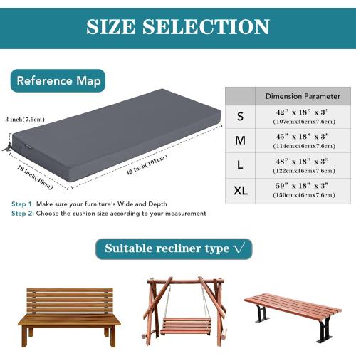 Outdoor Bench Cushions Porch Swing Cushions with Tie Patio Furniture Chair Cushion Bench Pad 5 Year Color Fastness Backyard Seat Pads Dark Grey