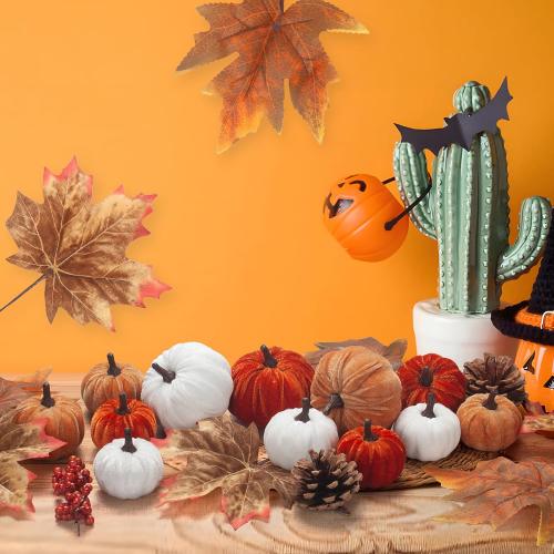 21 PCS Fall Artificial Velvet Pumpkins Set, Fake Fabric Pumpkin Faux Foam Pumpkins, Orange Khaki White Pumpkin Decorations for Fall Harvest Thanksgiving Farmhouse Table Centerpiece