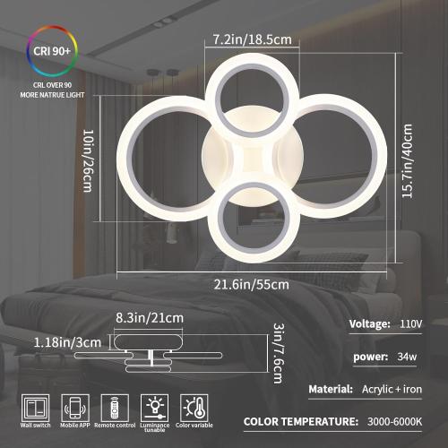 34W LED Ceiling Light with Remote, 3000-6000K Dimmable Modern Flush Mount Ceiling Lighting Fixture White 4 Rings Round Chandelier Ceiling Lamp for Small Room, Bedroom