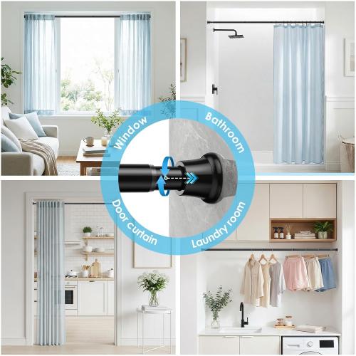 Tension Curtain Rod 31 To 76 Inch Black Shower Curtain Rod | No Drilling Adjustable Spring Loaded Curtain Rods 7/8Diameter Shower Rods For Bathroom Windows Bedroom Closet