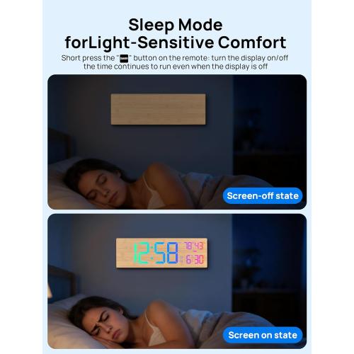 MASHI 18.5 Large Digital Wall Clock with Remote Control, Dual Alarm with Big LED Screen Dispaly,10 Adjustable Brightness, DST, Date Week,Temp for Living Room, Bedroom, Gifts for Elderly (Bamboo)