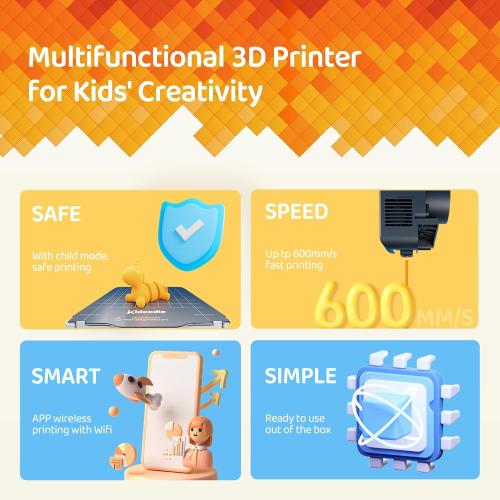 Kidoodle Mini 3D Printer for Kids & Beginners, 600mm/s High Speed Printing, Auto-Leveling/Child-Safe Design/5 Touch Screen, Pre-Assembled with Wi-Fi/App Control, Easy Setup for Home/School